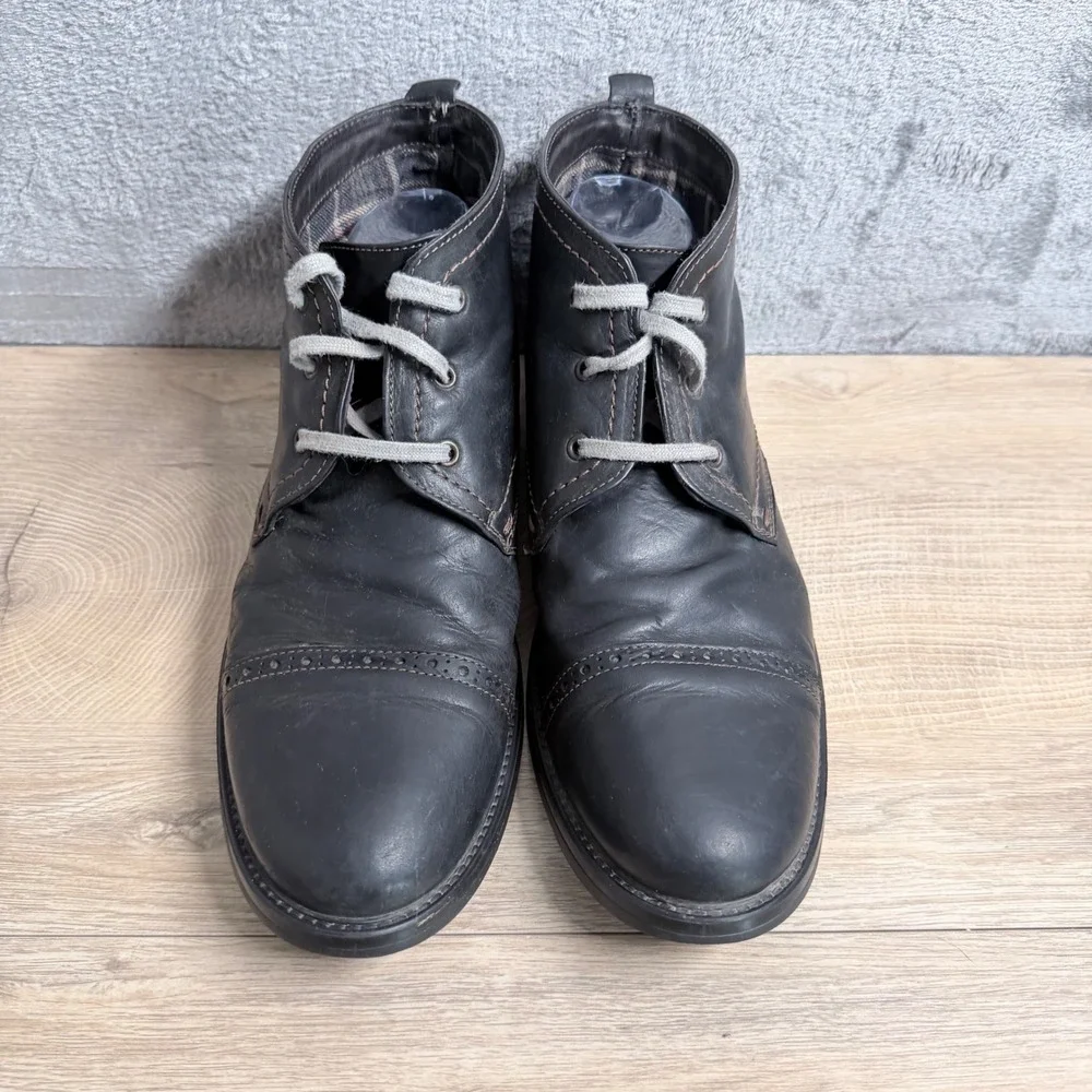 Johnston‎ & Murphy Boots Mens 11.5 Black Leather Lace Up Cap Toe Brogue Detail